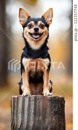 A small dog sitting on top of a tree stump A small dog sitting on top of a tree stump 122357748