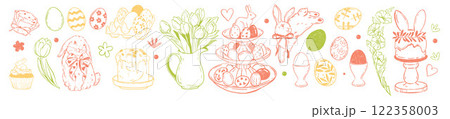 Easter doodle illustration set, vector hand drawn holiday bunny, traditional colorful egg, tulip. Easter doodle illustration set, vector hand drawn holiday bunny, traditional colorful egg, tulip. 122358003