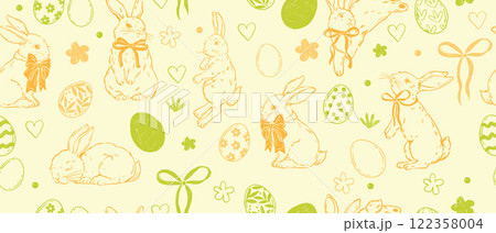 Easter seamless pattern, vector holiday bunny hand drawn texture, doodle cute rabbit, ribbon, bow.  122358004