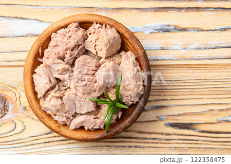 Canned tuna in bowl photography . Top view Canned tuna in bowl photography . Top view 122358475