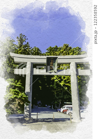 水彩画風　小國神社　一の鳥居　静岡県森町 122358592
