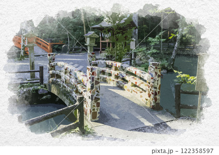 水彩画風　小國神社　森山焼の橋と事待池　静岡県森町 122358597