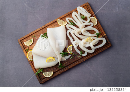 Squid tube and ring photography . Seafood top view Squid tube and ring photography . Seafood top view 122358834