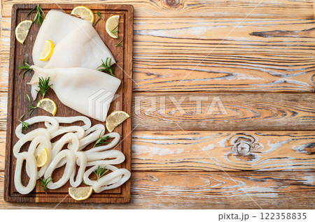 Squid tube and ring photography . Seafood top view Squid tube and ring photography . Seafood top view 122358835