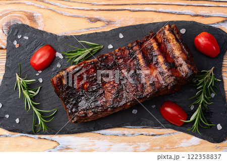 Grilled Pork ribs barbecue photography . Top view 122358837