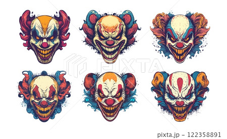 Angry evil clown cartoon vector set. Male monster scary grinning circus creepy head avatars character, horror movie make up nightmare demon creature person, isolated on white background 122358891