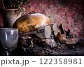 Human skull on old wood background, still life 122358981