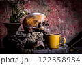 Human skull on old wood background, still life 122358984