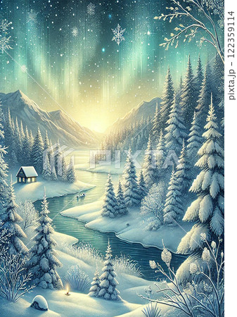 オーロラ見える雪山 122359114