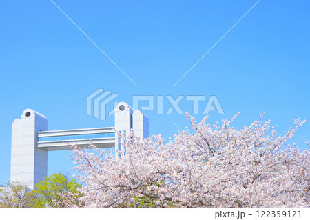 春の愛知県名古屋市、満開の桜と名古屋国際会議場の風景 122359121