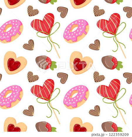 Seamless Valentine Day food pattern with heart shaped treat, chocolate, donut, lollipop and strawberry, cartoon style. Perfect for gift wrapping, card, textile and romantic design on white background 122359209