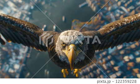 aerial photo. in the foreground is a bald eagle, viewed from above on its back. Below it, in the bokeh, is Manhattan. Realistic photo. aerial photo. in the foreground is a bald eagle, viewed from above on its back. Below it, in the bokeh, is Manhattan. Realistic photo. 122359228