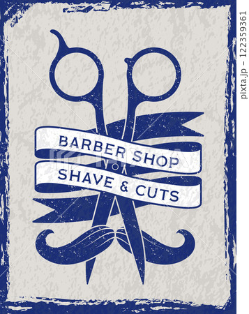Barber shop poster. placard with scissors and mustache and place for text Barber shop poster. placard with scissors and mustache and place for text 122359361