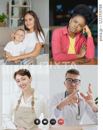 video chat on laptop screen. video call of five people to doctor, conference call to pediatrician video chat on laptop screen. video call of five people to doctor, conference call to pediatrician 122359789