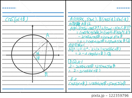 高校数学の公式(加法定理)をノートに証明しているグラフィック素材 122359796