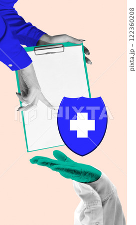 Hands wearing medical gloves presenting shield with medical cross and clipboard. Symbol of medical insurance protection. Conceptual art collage. 122360208