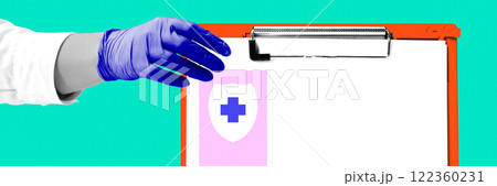 Medical worker hand in gloves holding clipboard with shield and cross icon symbolizing health protection and insurance. Conceptual art collage. Medical worker hand in gloves holding clipboard with shield and cross icon symbolizing health protection and insurance. Conceptual art collage. 122360231