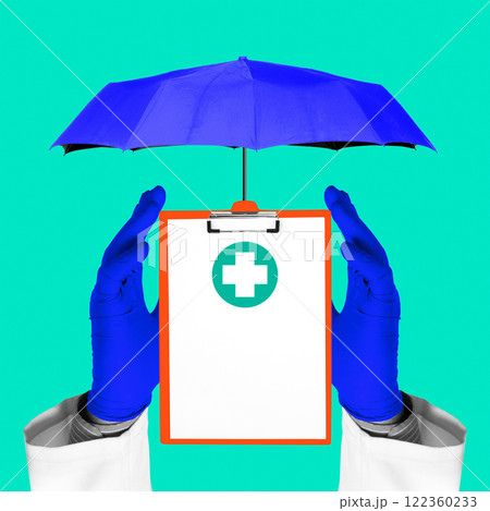 Hands in medical gloves hold clipboard with medical cross under protective umbrella, symbolizing health coverage and security. Conceptual art collage. 122360233