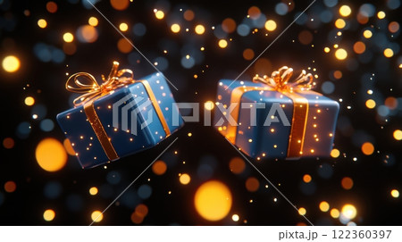 Festive 3D illustration of two glowing gift boxes with lights 122360397