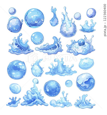 Soap bubbles cartoon vector set . Wet ball soapy foam shampoo lather, cleanser detergent froth suds spume , isolated illustrations on white background 122360400