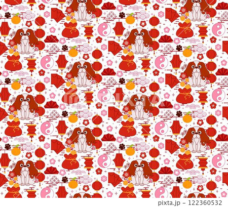 Card, poster, banner design seamless pattern chinese new year 2030 dog texture. Hand drawn vector illustration. Concept for holiday decor. graphic line lunar lantern festival Card, poster, banner design seamless pattern chinese new year 2030 dog texture. Hand drawn vector illustration. Concept for holiday decor. graphic line lunar lantern festival 122360532