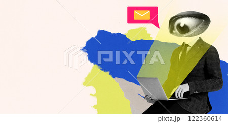 Contemporary art design. Man with huge eye instead of head working on laptop, symbolizing focus, mail icon above representing emphasis on digital communication. Contemporary art design. Man with huge eye instead of head working on laptop, symbolizing focus, mail icon above representing emphasis on digital communication. 122360614