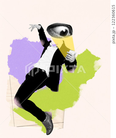 Contemporary art design. Businessperson with oversized eye, in dance pose with phone, symbolizing active engagement with social media. Contemporary art design. Businessperson with oversized eye, in dance pose with phone, symbolizing active engagement with social media. 122360615