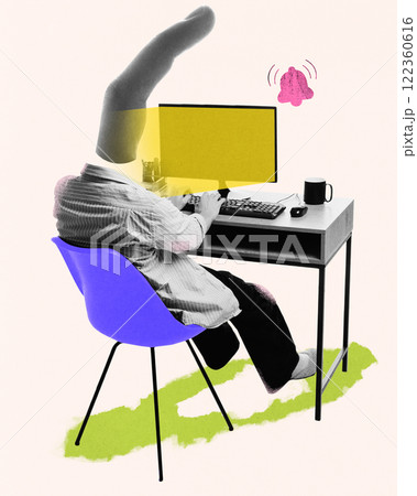 Contemporary art design. Individual typing at desk, large finger representing focus on online tasks, notification bell above symbolizing urgency. Contemporary art design. Individual typing at desk, large finger representing focus on online tasks, notification bell above symbolizing urgency. 122360616