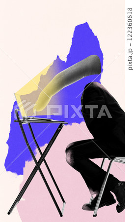 Contemporary art design. Person, with finger instead of head, leaning into laptop, representing focus on online communication and digital connectivity in abstract setting. Contemporary art design. Person, with finger instead of head, leaning into laptop, representing focus on online communication and digital connectivity in abstract setting. 122360618