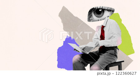 Modern art collage. Person dressed formal attire, with eye instead of head, expressing sadness, holding broken laptop against background with abstract papers. 122360627