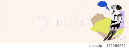 Banner. Contemporary art collage. Person in office attire sitting on chair, thoughtful with bubble above head against abstract background. Banner. Contemporary art collage. Person in office attire sitting on chair, thoughtful with bubble above head against abstract background. 122360631