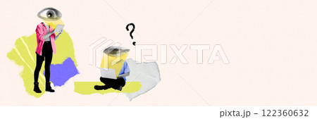 Contemporary art collage. Two persons with laptops, one standing in pink shirt, other sitting with question mark, symbolizing collaboration and problem-solving Contemporary art collage. Two persons with laptops, one standing in pink shirt, other sitting with question mark, symbolizing collaboration and problem-solving 122360632