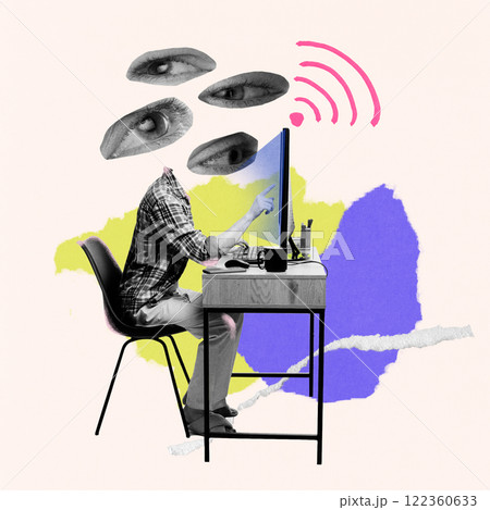 Contemporary art collage. Person with many eyes with different expressions, interacting with computer with Wi-Fi sign. Communication at distance. 122360633