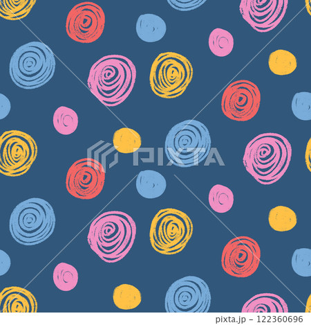 Polka dots abstract seamless pattern crayon drawn. Circular spots allover background. Round brush blobs repeat cover. Scribble oval elements marker draw. Vector surface design festive motif. 122360696