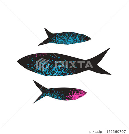 Fish textured set. Sardines school collection. Salmon silhouettes. Undersea animals. Vector hand drawn cutout collage elements illustration 122360707