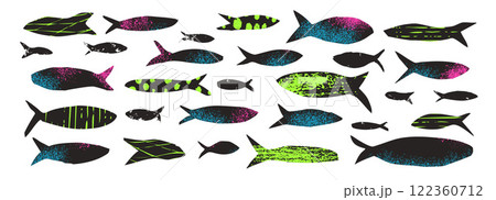 Fish textured set. Sardines school collection. Salmon silhouettes. Undersea animals. Vector hand drawn cutout collage elements illustration Fish textured set. Sardines school collection. Salmon silhouettes. Undersea animals. Vector hand drawn cutout collage elements illustration 122360712