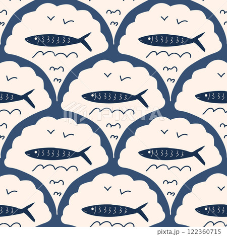 Fish scallop seamless pattern. Sardine stamp allover background. Anchovy repeat cover. Scandinavian stamp continuous ornament. Surface pattern design sea motif. Vector hand drawn illustration 122360715