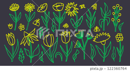 Flowers and leaves chalk drawn set on school blackboard. Summer floral kids elements. Pastel style childish shape. Vector naive pencil illustration on dark background. 122360764
