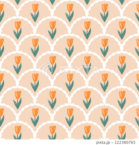 Flowers crayon drawn seamless pattern. Floral allover background. Stylized botany scallop repeat backdrop. Surface pattern design spring motif. Vector hand drawn illustration 122360765