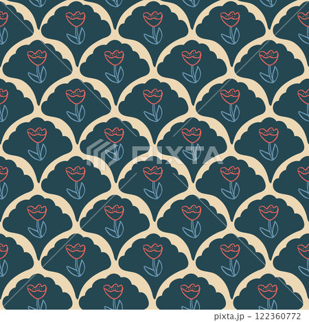 Poppy flowers crayon drawn seamless pattern. Floral allover background. Stylized botany scallop repeat backdrop. Surface pattern design spring motif. Vector hand drawn illustration 122360772