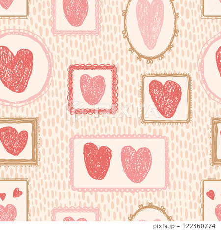 Valentines day vintage seamless pattern. Hearts crayon drawn geometric frames with love symbols repeat background. Vintage farmhouse backdrop. Romantic date motif. Vector hand drawn illustration 122360774