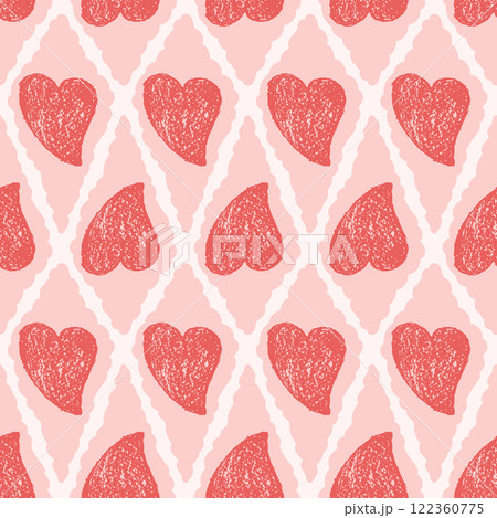 Hearts crayon drawn seamless pattern on rhombus doodle frames. Valentines day repeat background. Love symbols endless backdrop. Surface pattern design romantic date motif. Vector hand drawn cover 122360775
