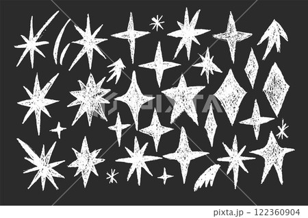 Sparkles stars chalk doodle set. Crayon blings pack on school chalkboard. Comets and blinking on night sky by chalk. Vector hand drawn by pencil illustration isolated on black background. 122360904