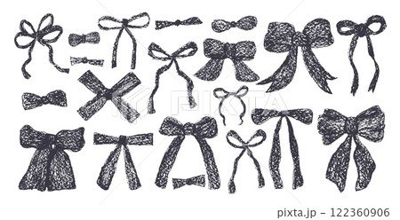 Crayon bow, ribbon set. Chalk drawing bands. Black coquette aesthetic bowknots. Vector illustration isolated on white background. Crayon bow, ribbon set. Chalk drawing bands. Black coquette aesthetic bowknots. Vector illustration isolated on white background. 122360906