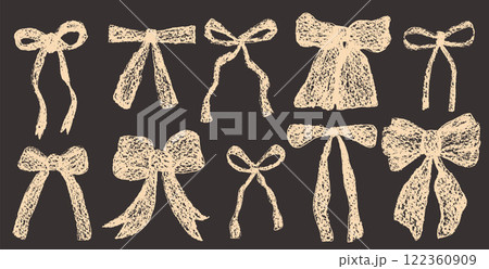 Crayon birthday bows set. Ribbons chalk drawn collection. Gift and hair bands vector decorations pack. Vector illustration 122360909