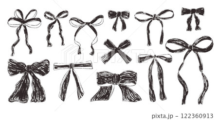 Crayon bow, ribbon set. Chalk drawing bands. Black coquette aesthetic bowknots. Vector illustration isolated on white background. Crayon bow, ribbon set. Chalk drawing bands. Black coquette aesthetic bowknots. Vector illustration isolated on white background. 122360913