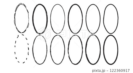 Grunge set of ellipse frames. Oval shapes modern black. Vector hand drawn border collection illustration isolated on white background Grunge set of ellipse frames. Oval shapes modern black. Vector hand drawn border collection illustration isolated on white background 122360917