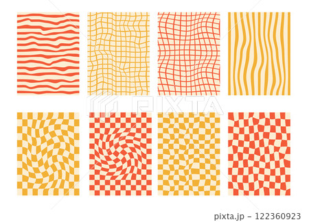 Groovy checkerboard pattern set. Psychedelic checker background pack. Trippy y2k retro vertical textures. Funky abstract poster design templates. Vector playful flat geometric wavy grid illustration Groovy checkerboard pattern set. Psychedelic checker background pack. Trippy y2k retro vertical textures. Funky abstract poster design templates. Vector playful flat geometric wavy grid illustration 122360923