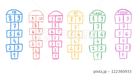 Hopscotch games set isolated on white background. Children playground outdoor entertainment. Vector chalk drawn illustration Hopscotch games set isolated on white background. Children playground outdoor entertainment. Vector chalk drawn illustration 122360933
