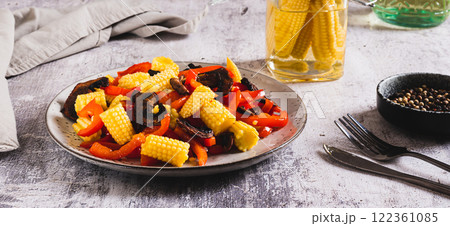 Appetizing salad of canned corn, fried mushrooms and peppers on a plate web banner Appetizing salad of canned corn, fried mushrooms and peppers on a plate web banner 122361085
